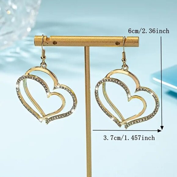 Double Heart Gold Tone Costume Dangle Earrings With Rhinestones‎ - Picture 3 of 3